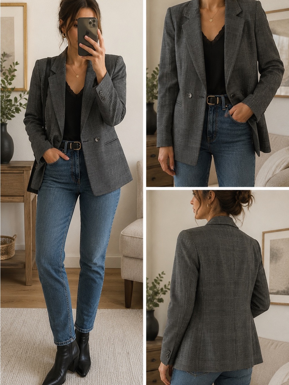 Vintage Bretton Place Petite Gray Plaid Blazer Jacket Tailored Career Office